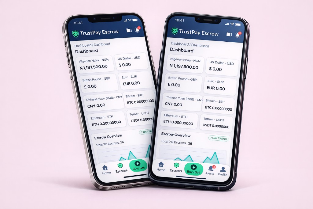 Afripay Global Escrow app on two smartphones showing balances, escrow overview, and navigation